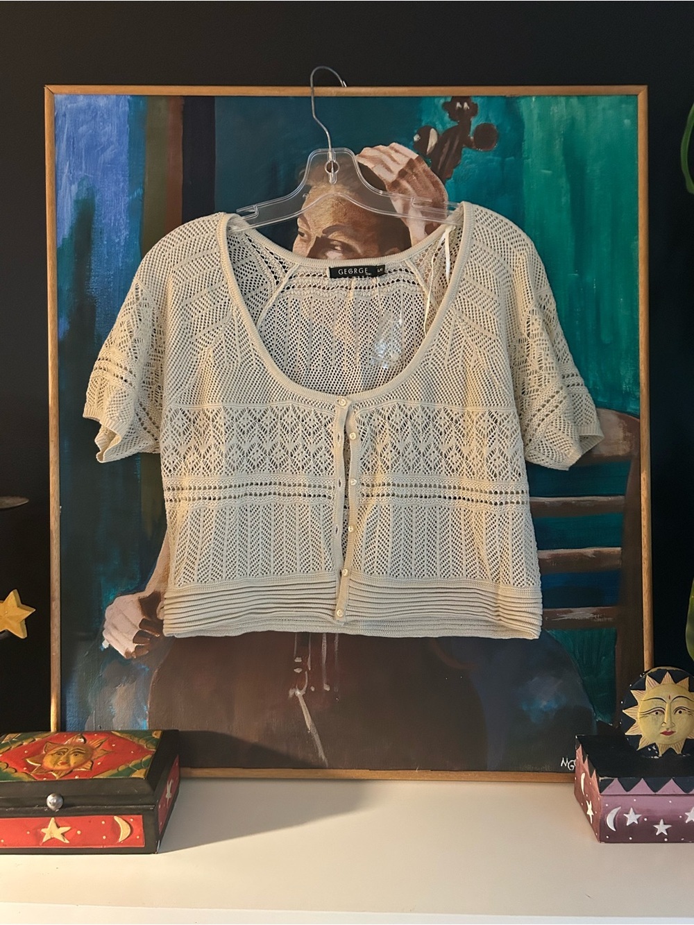 George Crochet Knit Cardigan Short Sleeve Cream Open Knit Boho Top Size L